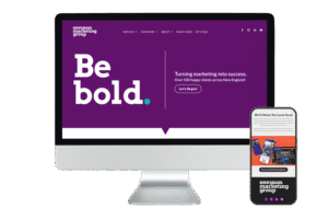 A desktop monitor and a smartphone display a marketing agency’s bold, purple-themed website. The screen reads “Be bold. Turning marketing into success.” with navigation links and the agency’s logo visible.
